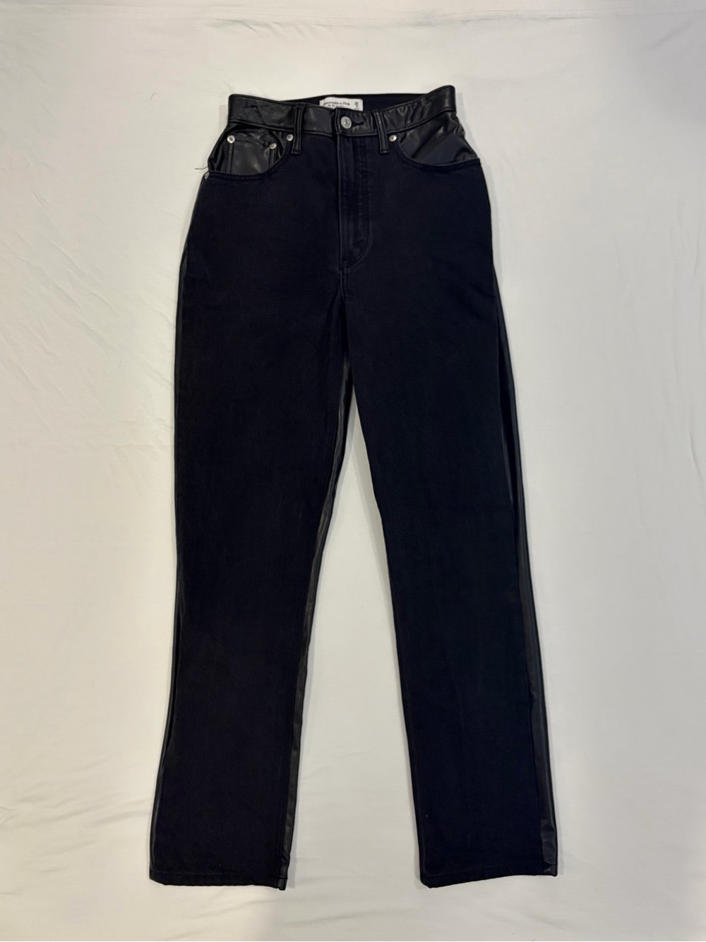 Abercrombie & Fitch Black Straight-Leg Jeans with Faux-Leather Trim